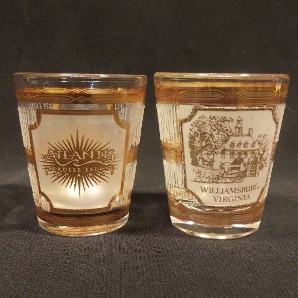 2 Vintage Culver Embossed Frosted Glass w 22K Gold Souvenir Shot Glasses